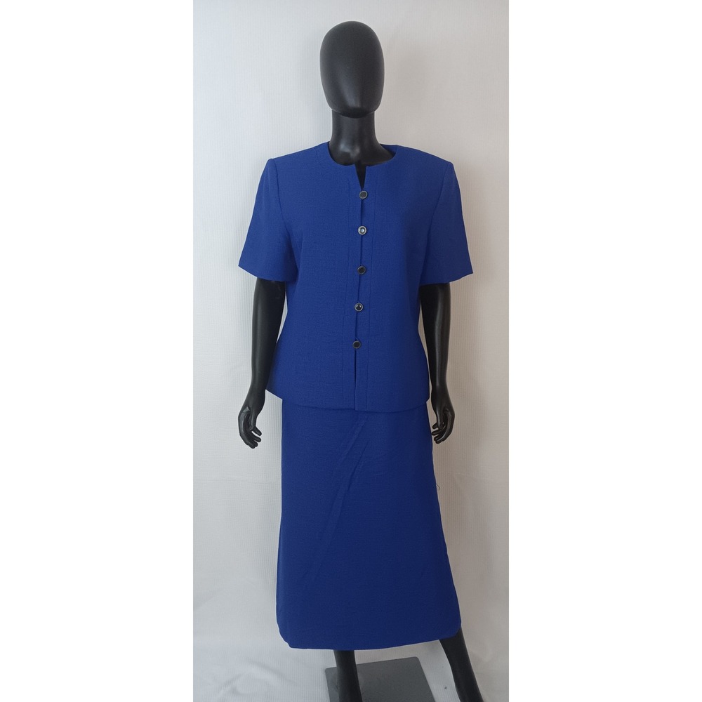 Le Suit Womens Royal Blue Short Sleeve Jacket Pencil Skirt Suit Set Size 16